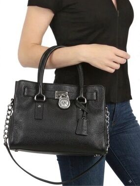 Michael Kors Hamilton East-West Satchel Crossbody Black Leather Silver lock key